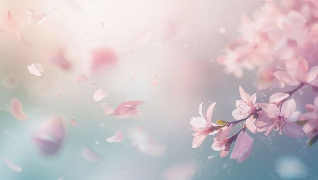 Dreamy pastel cherry blossom branch with drifting petals, soft bokeh and ethereal light