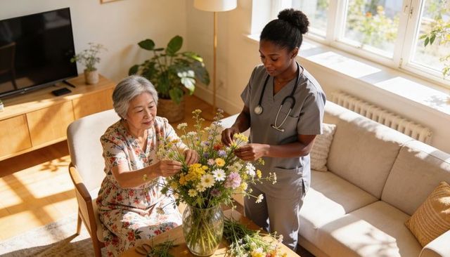 Compassionate home care nurse assisting senior with wildflower bouquet in sunlit living room