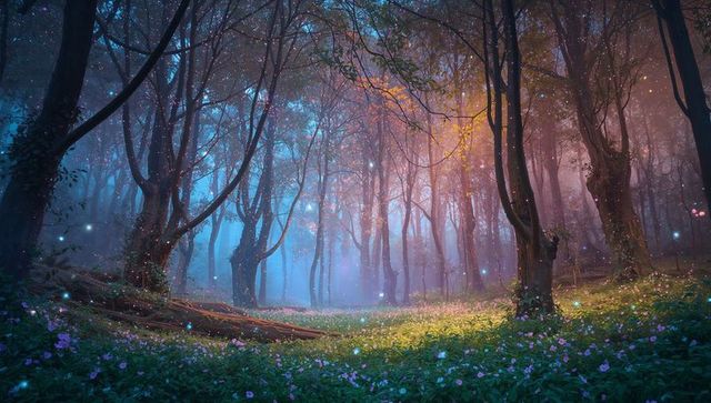 Enchanted misty forest glade with floating light orbs, tall trees, exposed roots