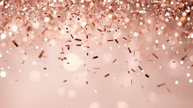 Capturing a luxurious festive scene, featuring cascading rose gold confetti paired with glowing bokeh lights, creating an elegant and glamorous atmosphere. Ideal for use in celebration-themed designs, party invitations, event decorations, or sophisticated marketing materials to evoke a sense of luxury and festivity.
