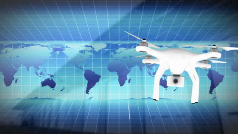 Drone Flying with Camera Over Digital World Map Background