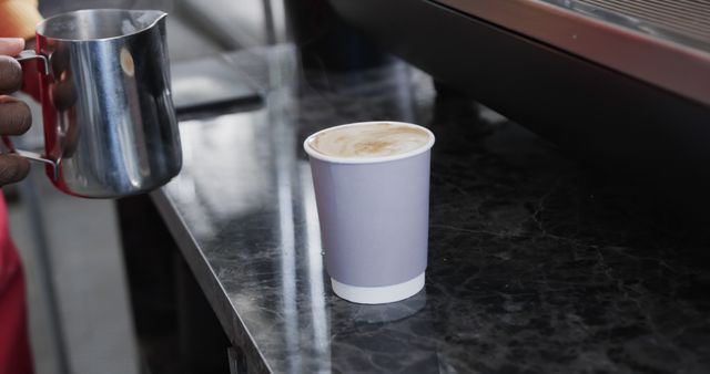 Making Latte in Paper Cup on Marble Counter at Cafe - Download Free Stock Images Pikwizard.com