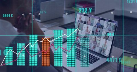 Hybrid team collaboration analytics overlaying remote meeting on laptop with charts