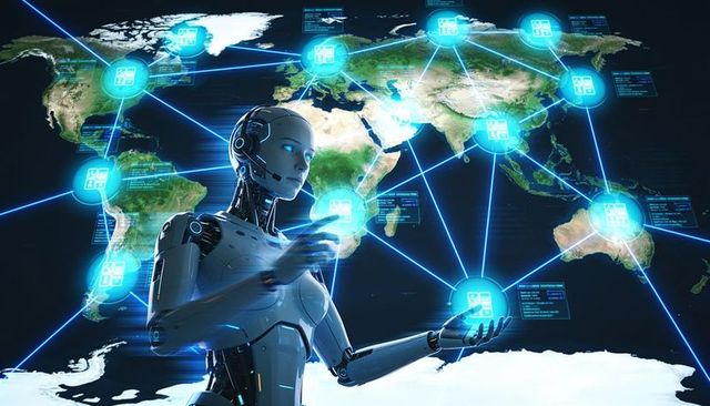 Futuristic humanoid robot manipulating global holographic network for ai connectivity