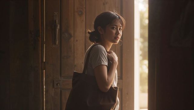 Sunlit portrait of asian woman carrying dark tote bag at rustic wooden doorway