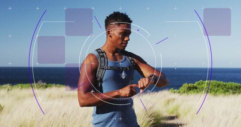 Active Trainer Checking Smartwatch By Scenic Coastline