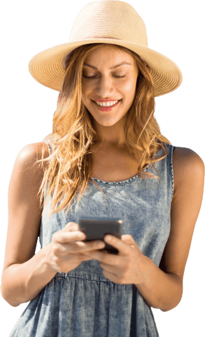 smiling woman in sun hat messaging on transparent background - Download Free Stock Videos Pikwizard.com