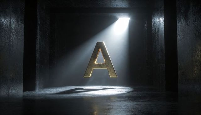 Floating metallic letter a under spotlight in dark industrial chamber