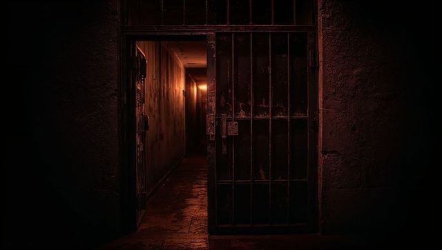 Dimly Lit Dungeon Hallway with Open Rusted Door