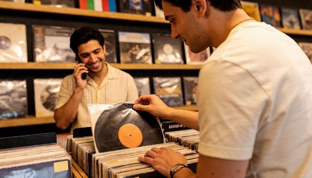 Young man browsing vintage vinyl while friend talking on phone in cozy record store