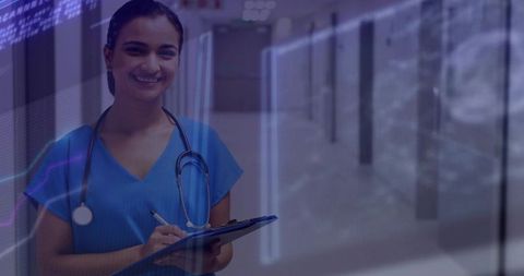 Nurse writing electronic patient notes in hospital corridor with holographic data overlays