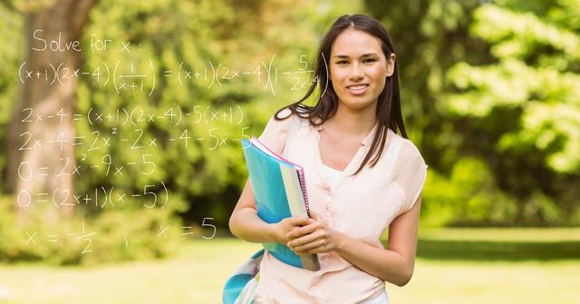 Young woman standing on campus holding books with a digital math equation overlay. Ideal for educational content, online learning platforms, math tutorials, school promotions, and academic motivational materials.