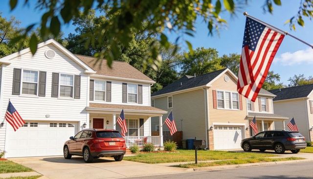 Suburban homes displaying american flags, showcasing red and gray suvs on driveways