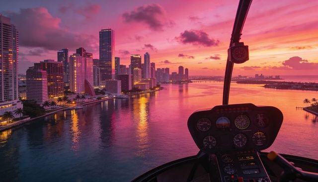 Helicopter cockpit flying over coastal city skyline at pink sunset