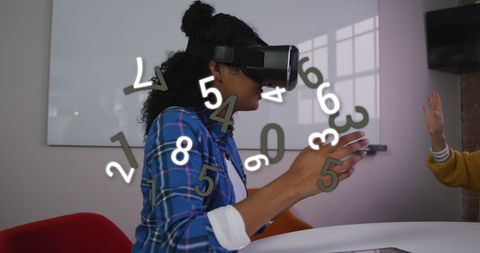 Woman Wearing VR Headset with Floating Numbers