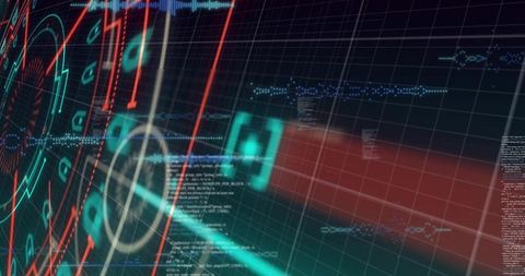 Holographic Futuristic HUD Overlay with Neon Reticle and Data Panels on Virtual Grid