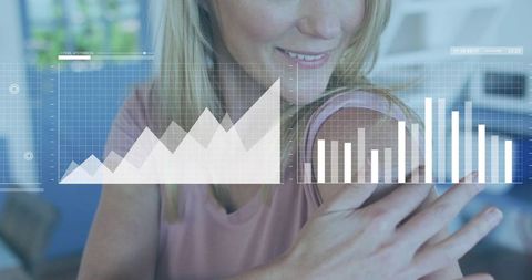 Smiling blonde woman touching shoulder while interacting with holographic data dashboard