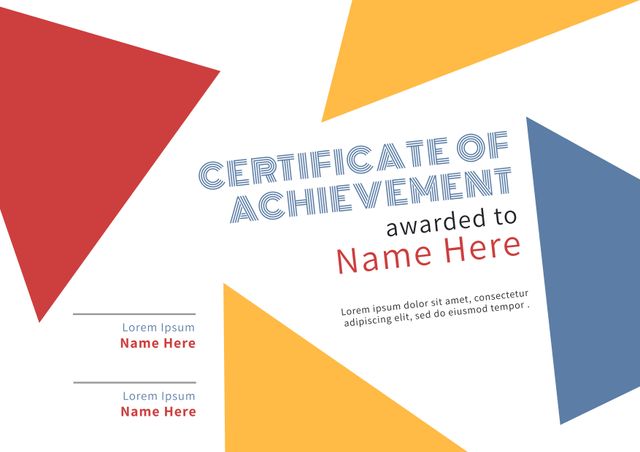 This vibrant and modern certificate template features colorful geometric shapes on a white background, providing a dynamic and engaging design for various achievement recognitions. Perfect for educational institutions, corporate awards, sports events, or personal milestones, the editable template allows customization of names and information, making it versatile for any kind of acknowledgment.