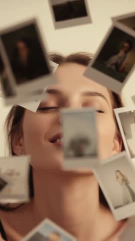 Woman Tilting Head Through Falling Polaroids in Slow-Motion Vertical Portrait