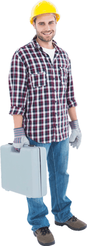 Transparent Full-Length Portrait of Smiling Handyman Holding Toolbox