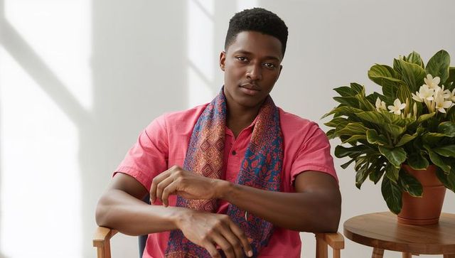 Male in Pink Shirt with Decorative Scarf Relaxing Near Plant