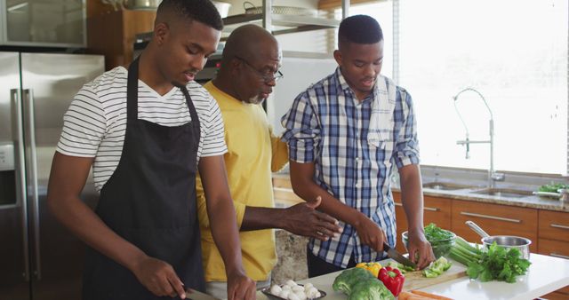 African american senior father and two adult sons standing in kitchen cooking dinner and talking. healthy outdoor family leisure time together.