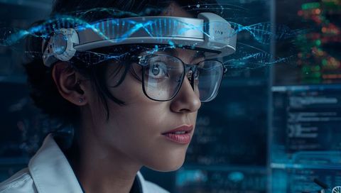 Female scientist wearing ar headband analyzing holographic dna with smart glasses