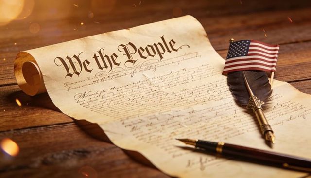 We the people constitution scroll with quill pen and small american flag on rustic wood