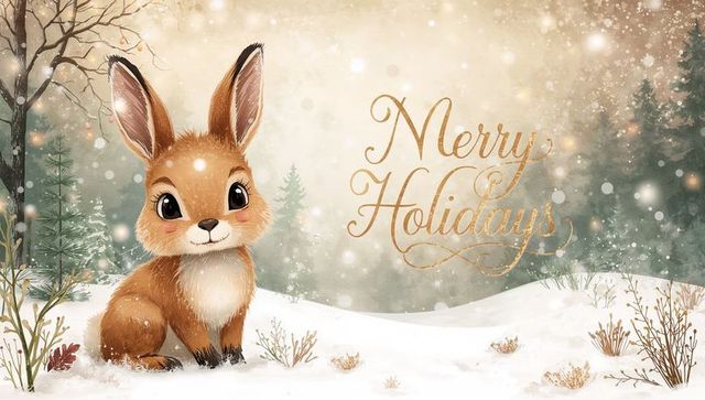 Cute brown rabbit sitting and tilting head in snowy forest with golden merry holidays