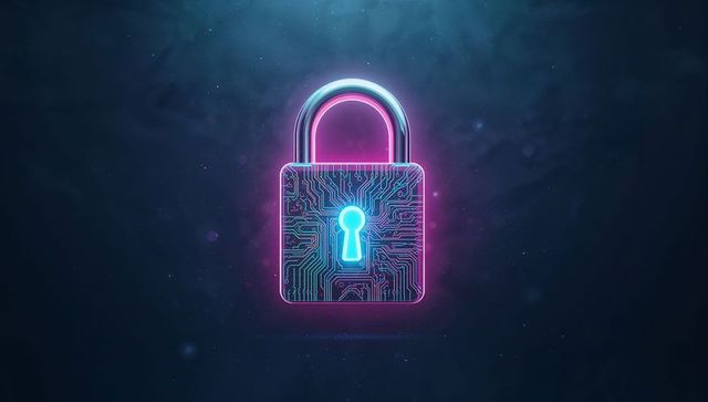 Neon Padlock Displaying Circuit Board Design in Digital Space