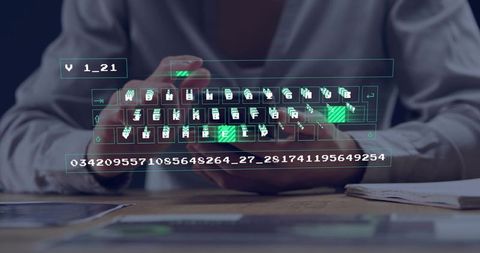 Businessman operating holographic keyboard and virtual interface for mobile productivity