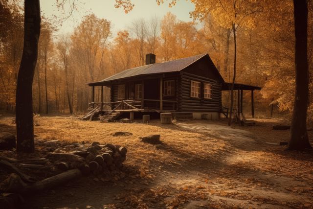 Wooden cabin in forest with sun rays in autumn, created using generative ai technology. Cabin, nature, vacation and forest concept digitally generated image.
