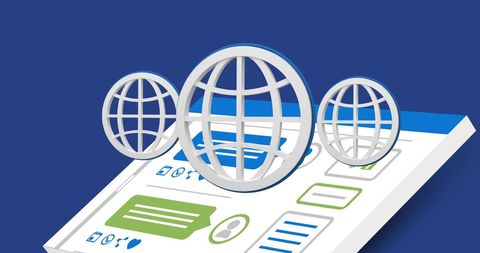 Digital globe icons hovering over social media interface