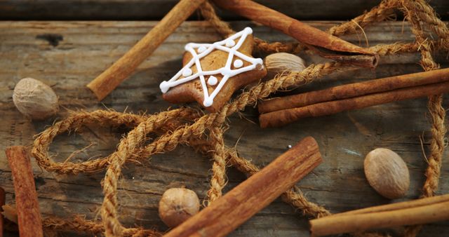 Gingerbread star with white frosting resting on rustic wooden surface, surrounded by cinnamon sticks, nutmeg, and woven rope twine. Ideal for Christmas cards, holiday recipes, and festive home decor ideas.