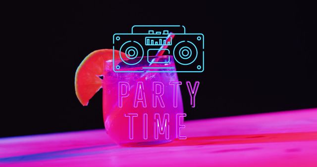 Party Time Neon Text with Cocktail and Retro Radio on Colorful Background - Download Free Stock Images Pikwizard.com