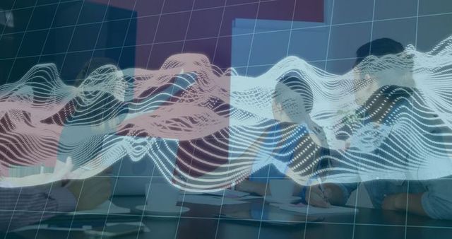 Business Team Collaborating with Digital Data Waveform Overlay