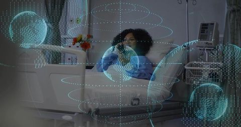 Patient using smartphone for telehealth in hospital bed with holographic data visualization