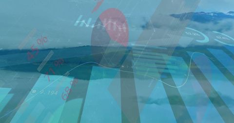 Translucent data overlays on scenic lake with graphs and charts