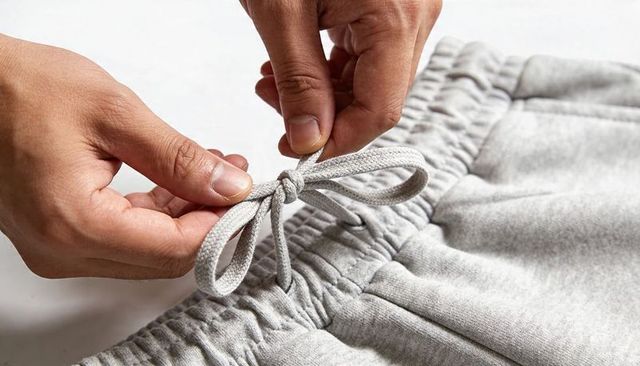 Tying drawstring on light gray sweatpants close-up hands adjusting elastic waistband