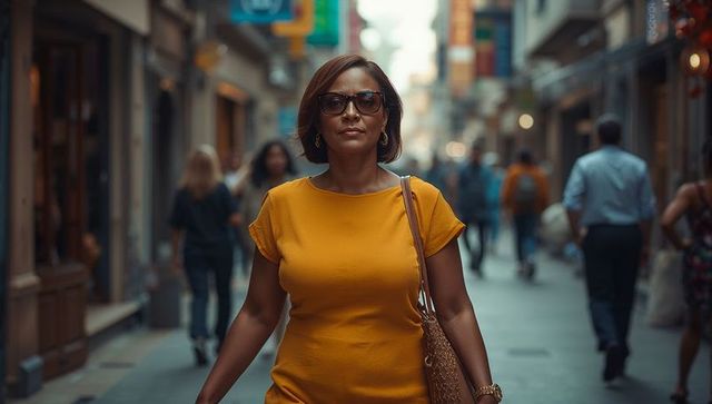Urban professional woman in fashionable outfit walking through city streets