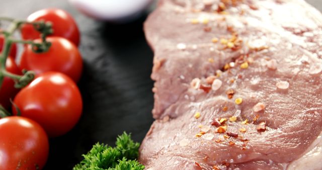 A raw steak is seasoned with salt and spices, ready for cooking, with copy space - Download Free Stock Photos Pikwizard.com