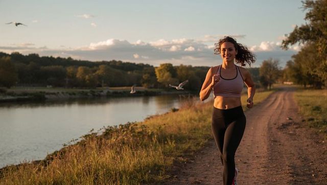 Woman Running Along Riverside Trail During Sunny Day