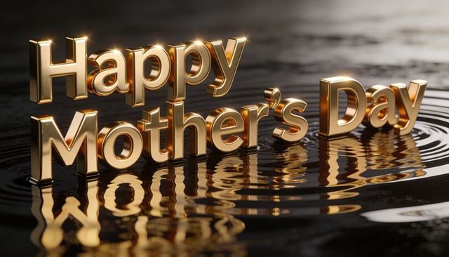 Golden 3d happy mother's day typography reflected on glossy dark liquid with ripples