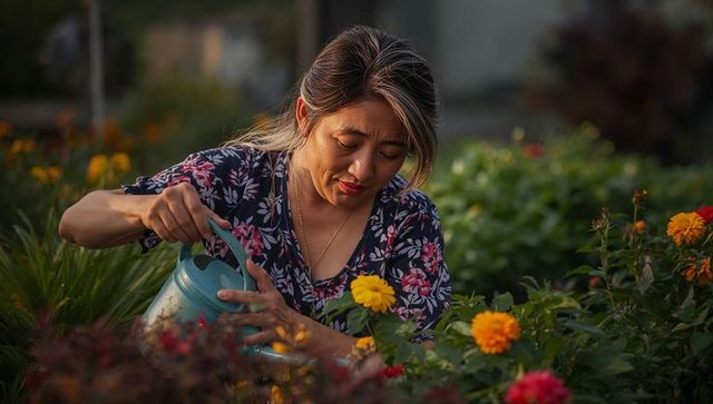 Woman watering colorful garden blooms with turquoise can in warm golden hour light