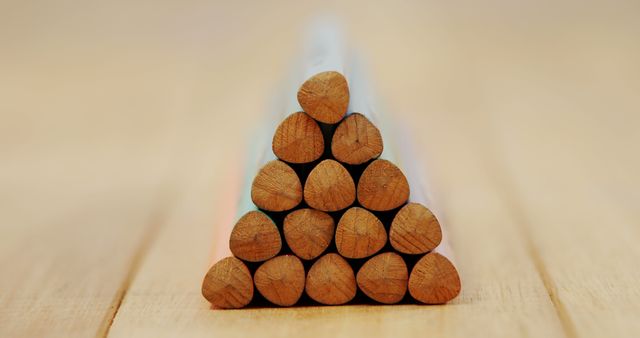 Colorful Pencils Stacked in Triangular Formation on Wooden Surface - Download Free Stock Images Pikwizard.com