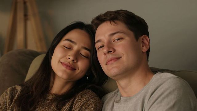 Couple relaxing on couch, leaning together, sharing warm cozy moment of home intimacy