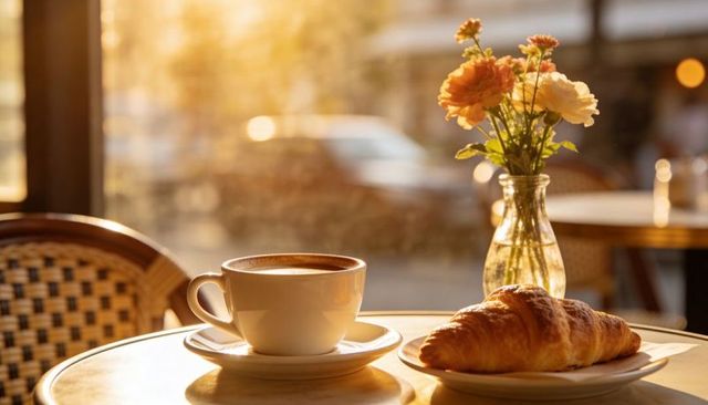 Sunlit café morning glowing with coffee and croissant beside vase of fresh flowers