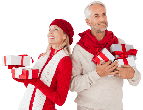 Smiling Couple Holding Christmas Gifts on Transparent Background