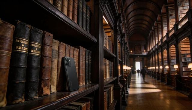 Modern black smartphone resting against leather-bound books inside grand vaulted library with lamps
