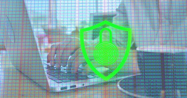 Image of padlock, computer language, numbers, midsection of caucasian man working on laptop. Digital composite, multiple exposure, protection, biometric, coding and technology concept.